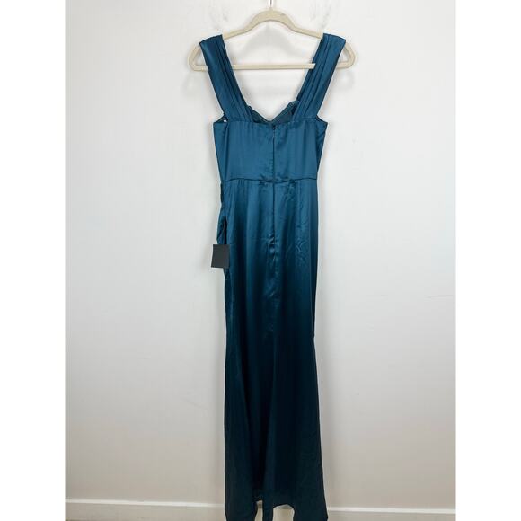 Lulus Stunning Arrival Dark Teal Satin Off The Shoulder Maxi Dress Formal S NWT - Picture 9 of 12